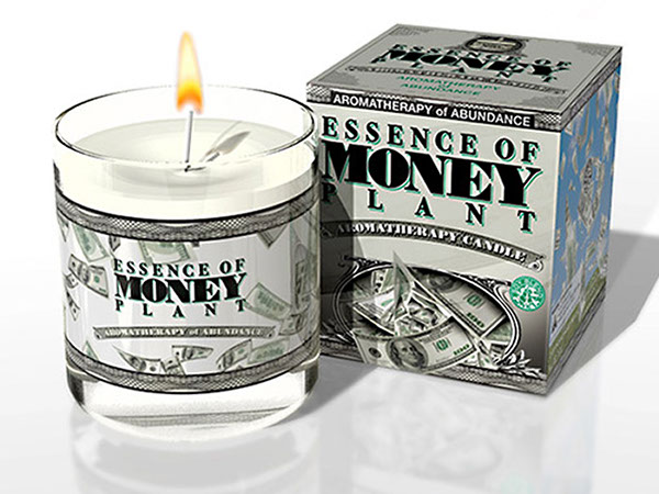 Essence of Money Plant novelty candle. Package design by Brian K. Harris/BKreative. 3d rendering.