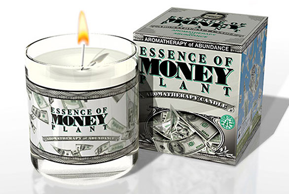 Essence of Money Plant novelty candle. Package design by Brian K. Harris/BKreative. 3d rendering.