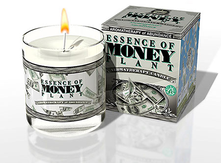 Essence of Money Plant novelty candle. Package design by Brian K. Harris/BKreative. 3d rendering.